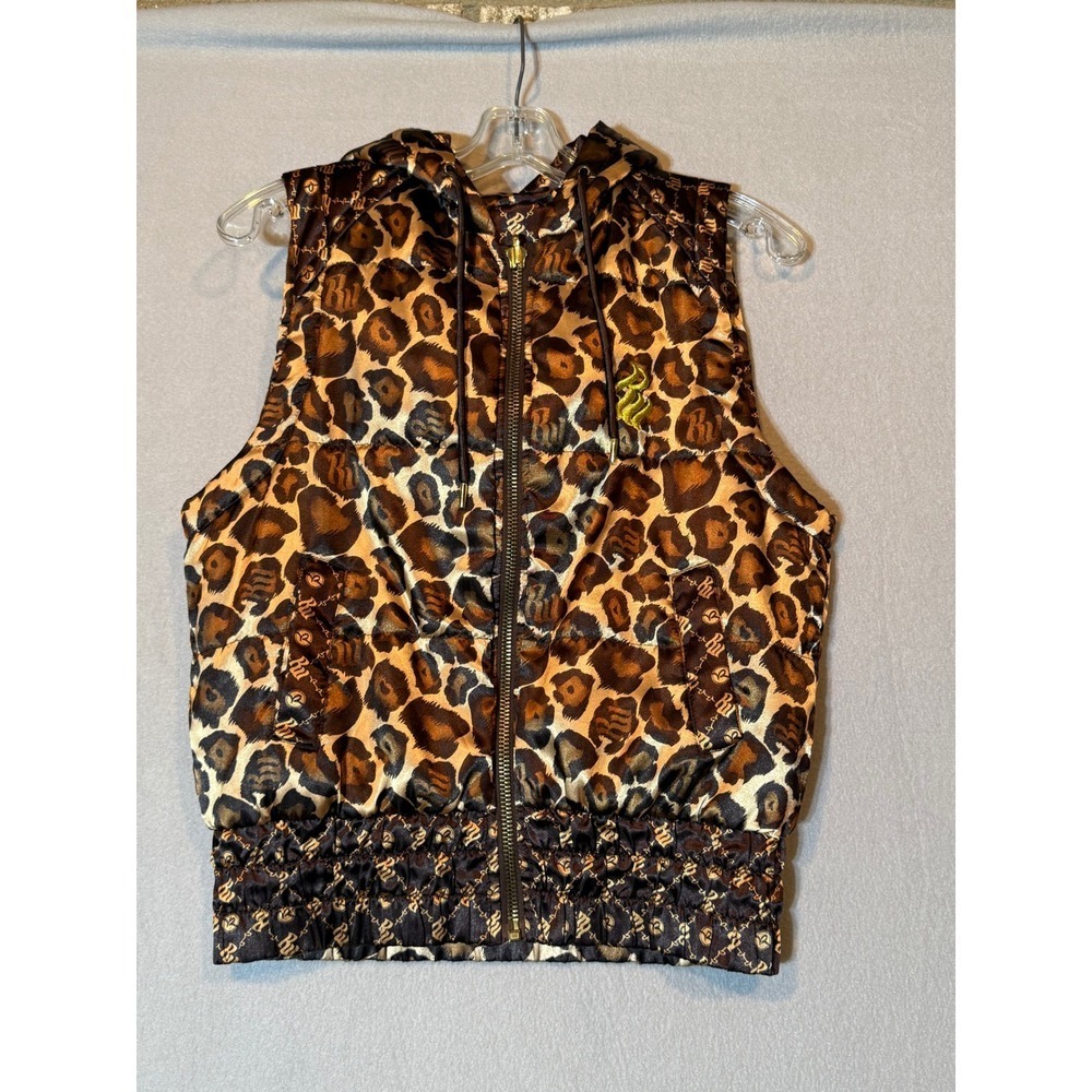 Rocawear Reversible Hooded Puffer Vest Leopard Monogram Brown Gold Y2K Medium